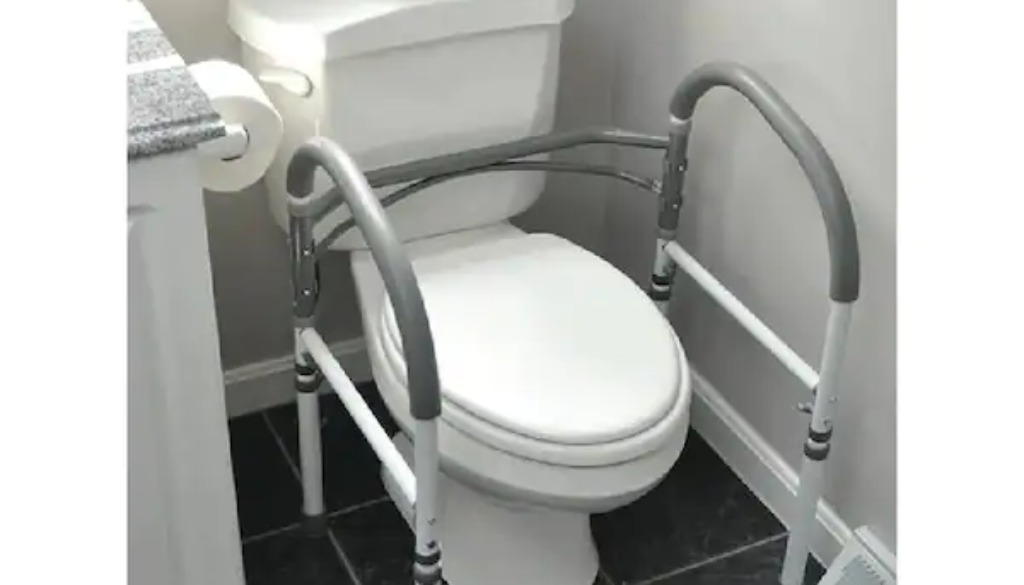 Safety frame around a toilet for added support.