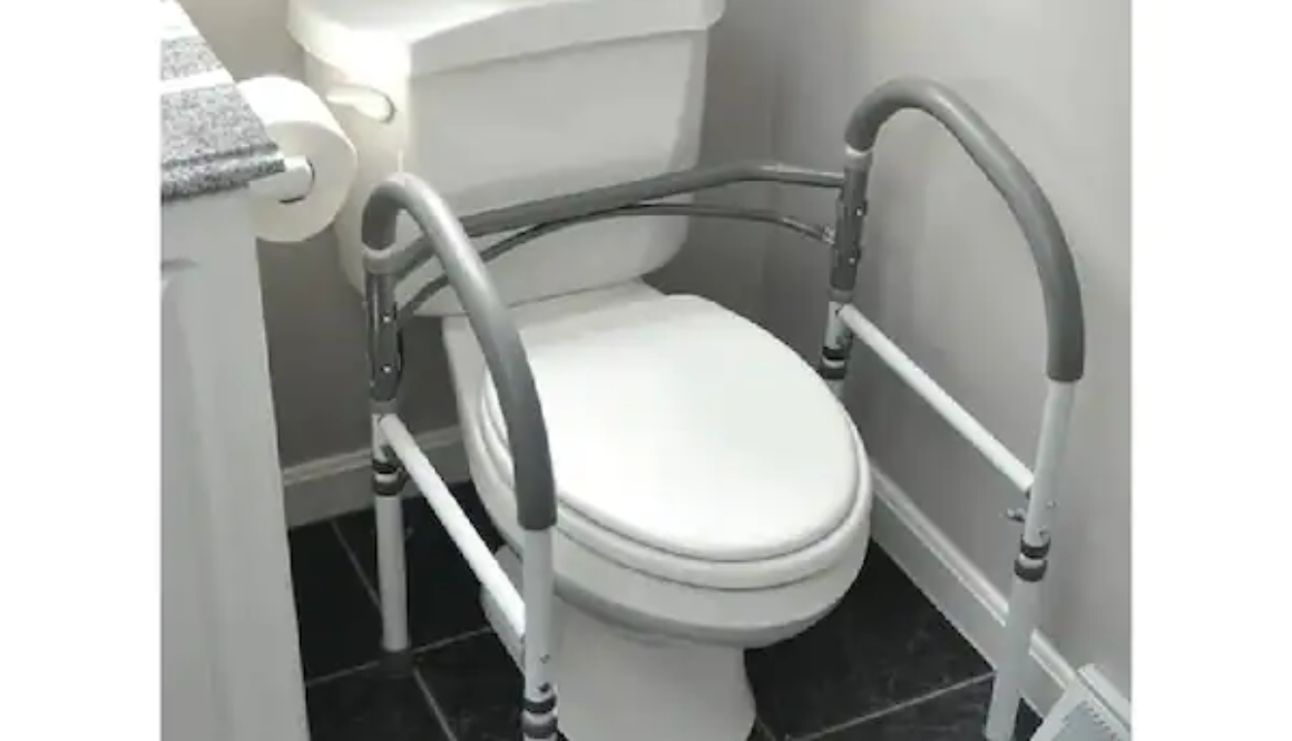 Safety frame around a toilet for added support.
