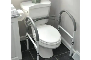 Safety frame around a toilet for added support.