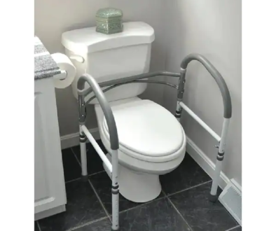 Safety frame around a toilet for added support.