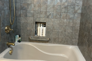 Modern bathroom with a tub and toiletries shelf.