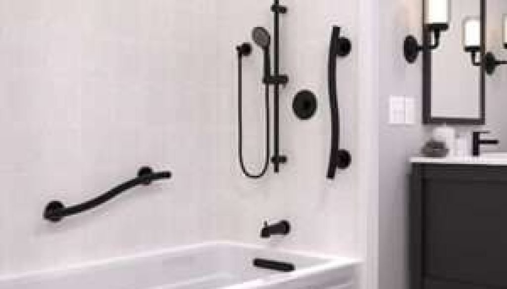 Stylish bathroom with modern black fixtures.