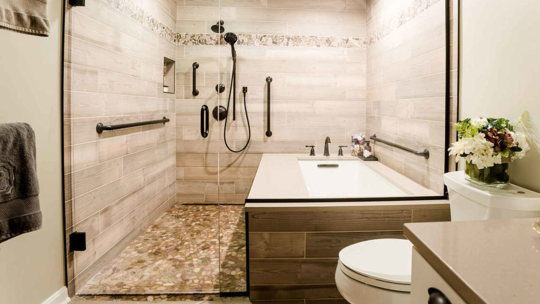 Modern bathroom featuring a walk-in shower and sink