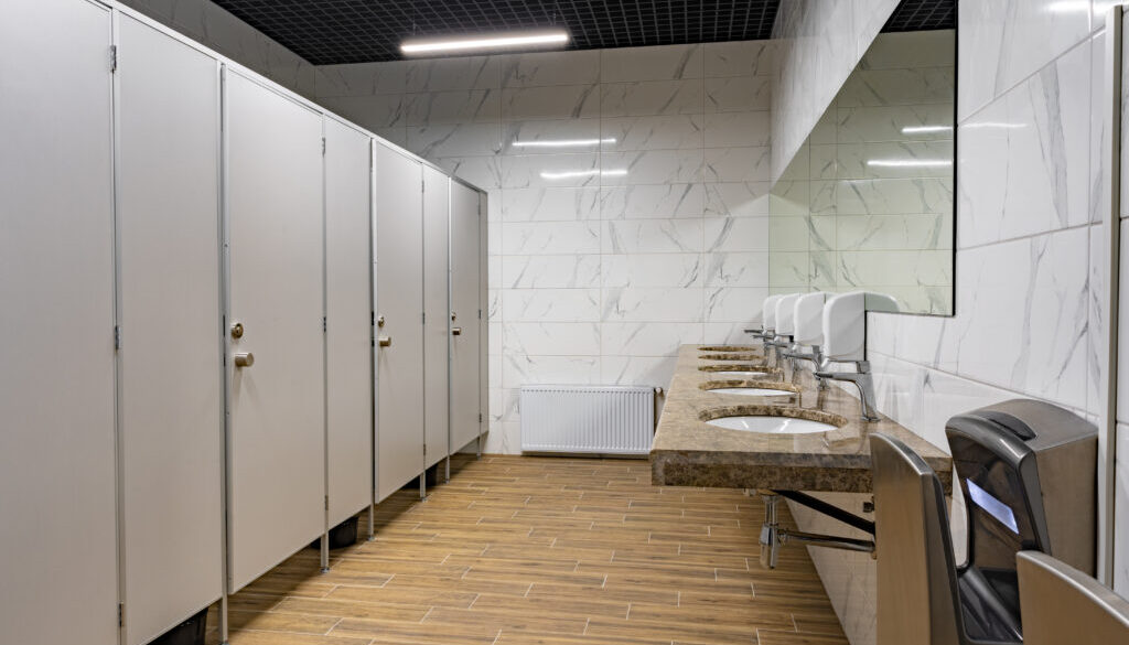 New public toilets partitioned into rooms and sinks