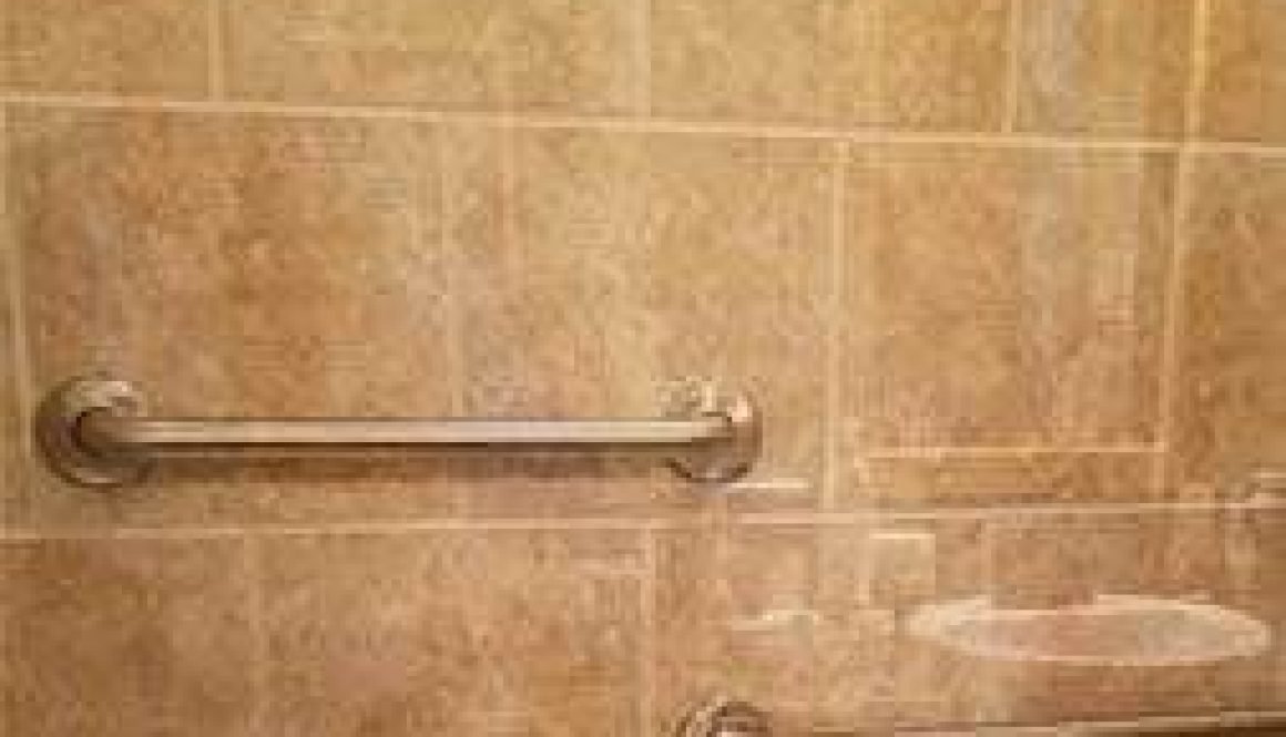 Bathroom wall with grab bars and light reflection.